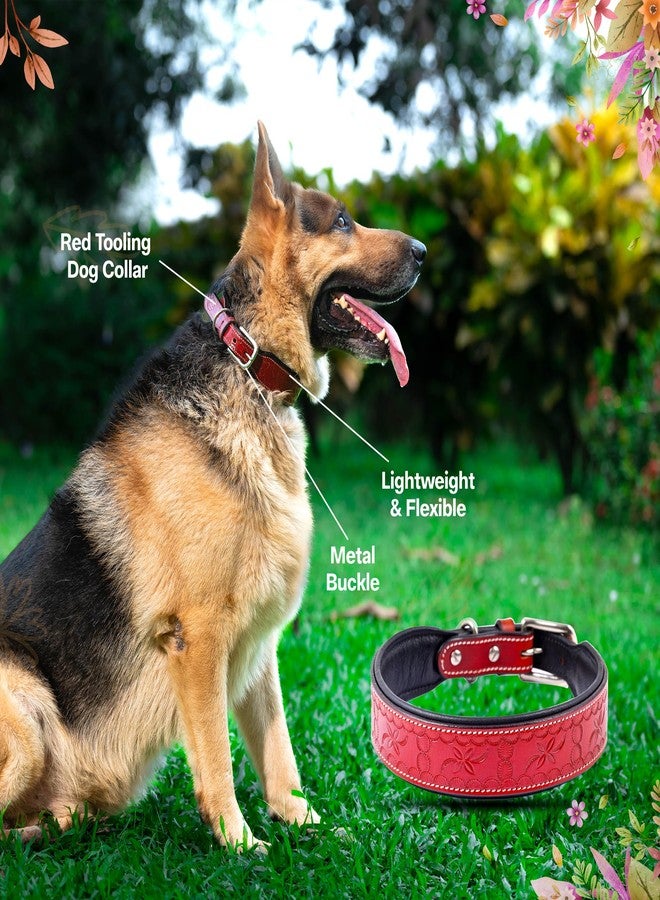 ADIL'S Red Tooling Dog Collar 1.5 Inch Width Suitable For Medium&Large Dogs,Leather Dog Collar With Strong Metal Buckle&D-Ring For Leashes And Id Card,Sizes: M,Red - Image 3